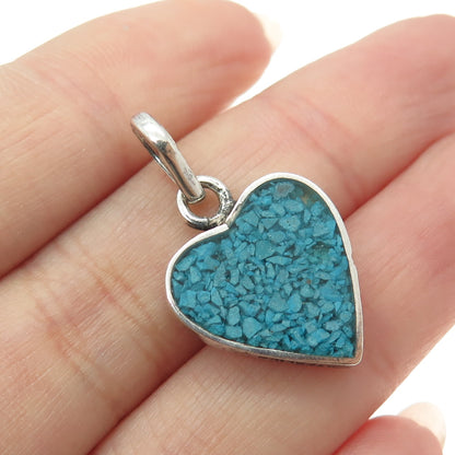 925 Sterling Silver Vintage Mexico Real Turquoise Inlay Heart Minimalist Pendant