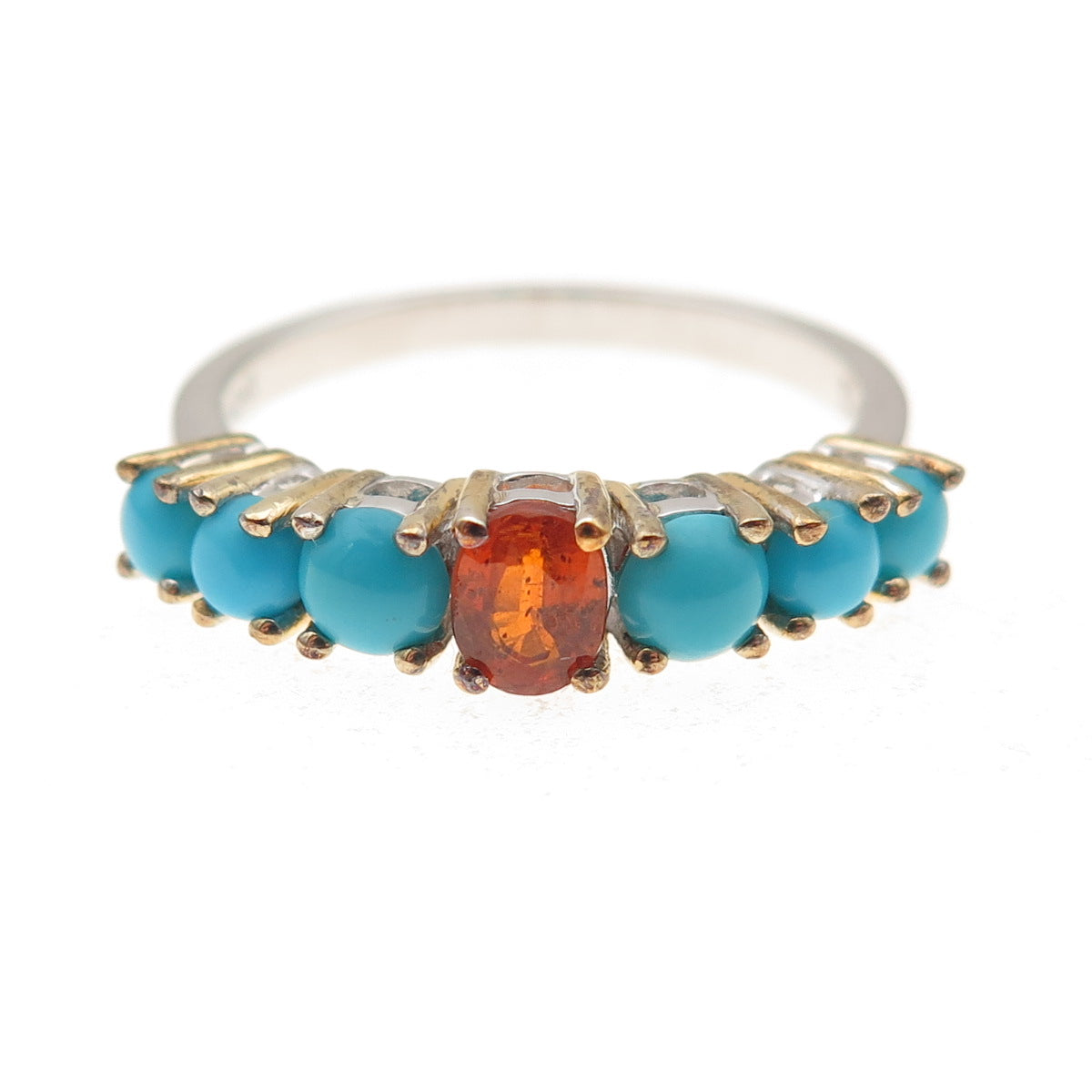 925 Sterling Silver 2-Tone Real Fire Sapphire & Turquoise Ring Size 8.25