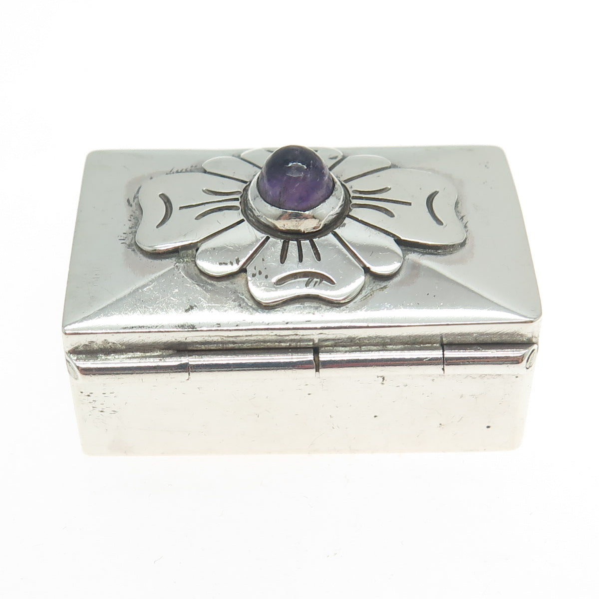 DAMASO GALLEGOS Sterling Silver Vintage Mexico Amethyst Flower Pill Snuff Box