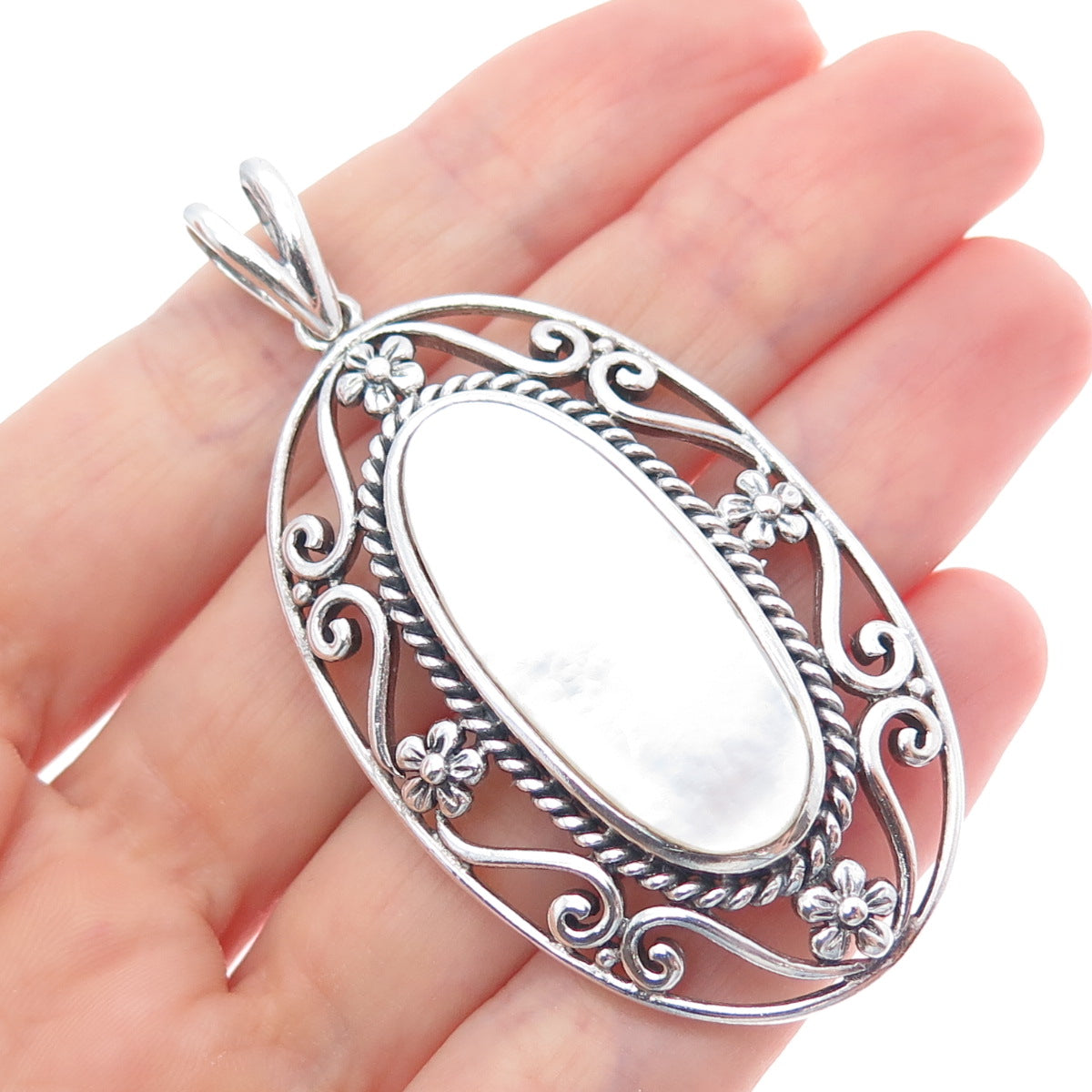 CFJ Collins Fine 925 Sterling Silver Vintage Real MOP Flower Oxidized Pendant