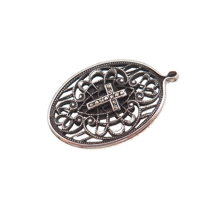 925 Sterling Silver Antique Art Deco Real Marcasite Cross Filigree Charm Pendant