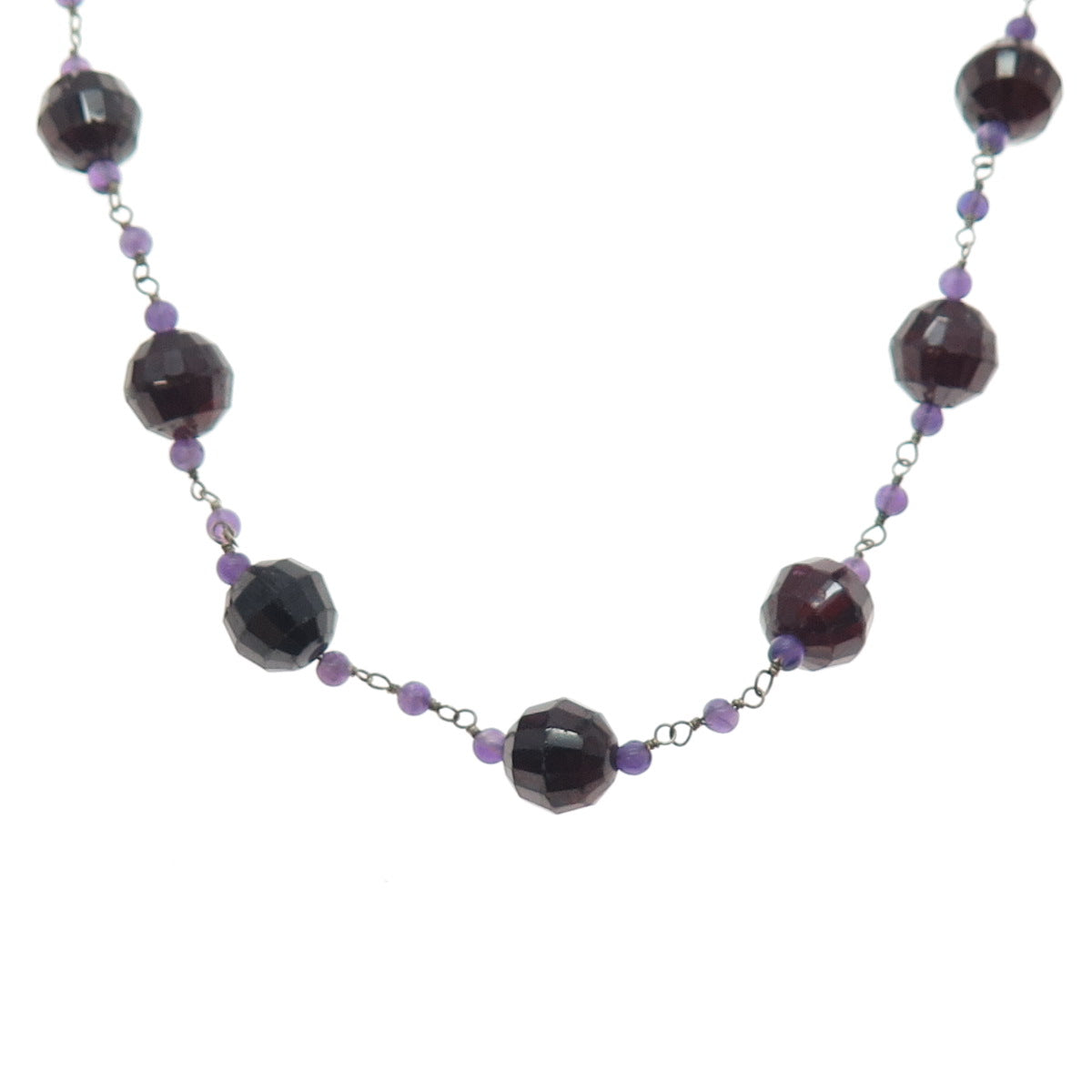 925 Sterling Silver Vintage Real Red Garnet & Amethyst Beaded Chain Necklace 16"
