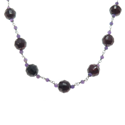 925 Sterling Silver Vintage Real Red Garnet & Amethyst Beaded Chain Necklace 16"