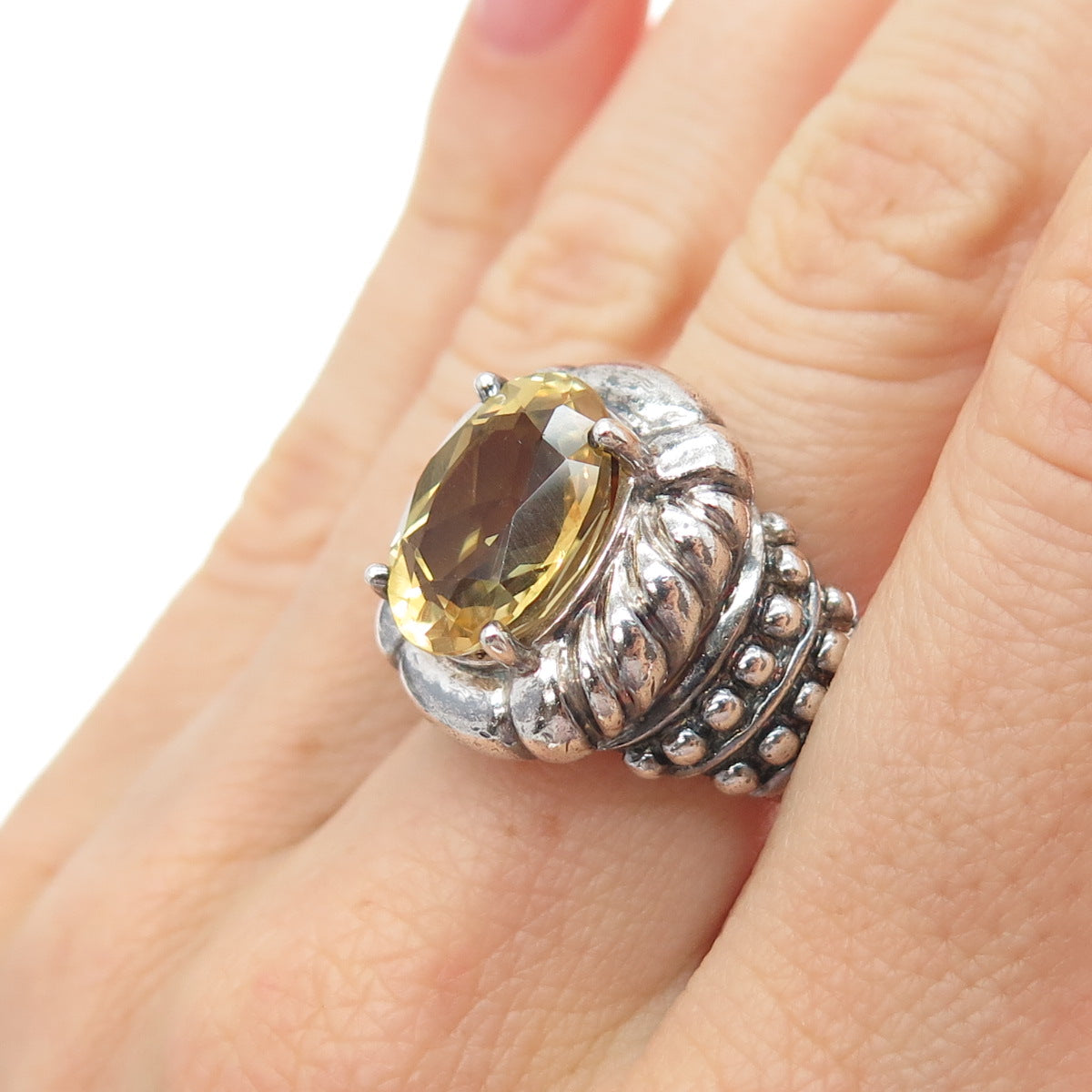 CLYDE DUNEIER CID 925 Sterling Silver Vintage Real Citrine Ribbed Ring Size 7.75
