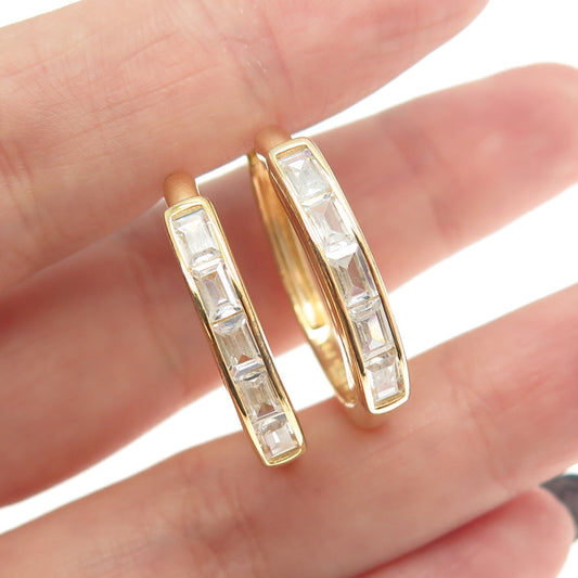 925 Sterling Silver Gold Plated Emerald-Cut Shaped C Z Huggie Earrings