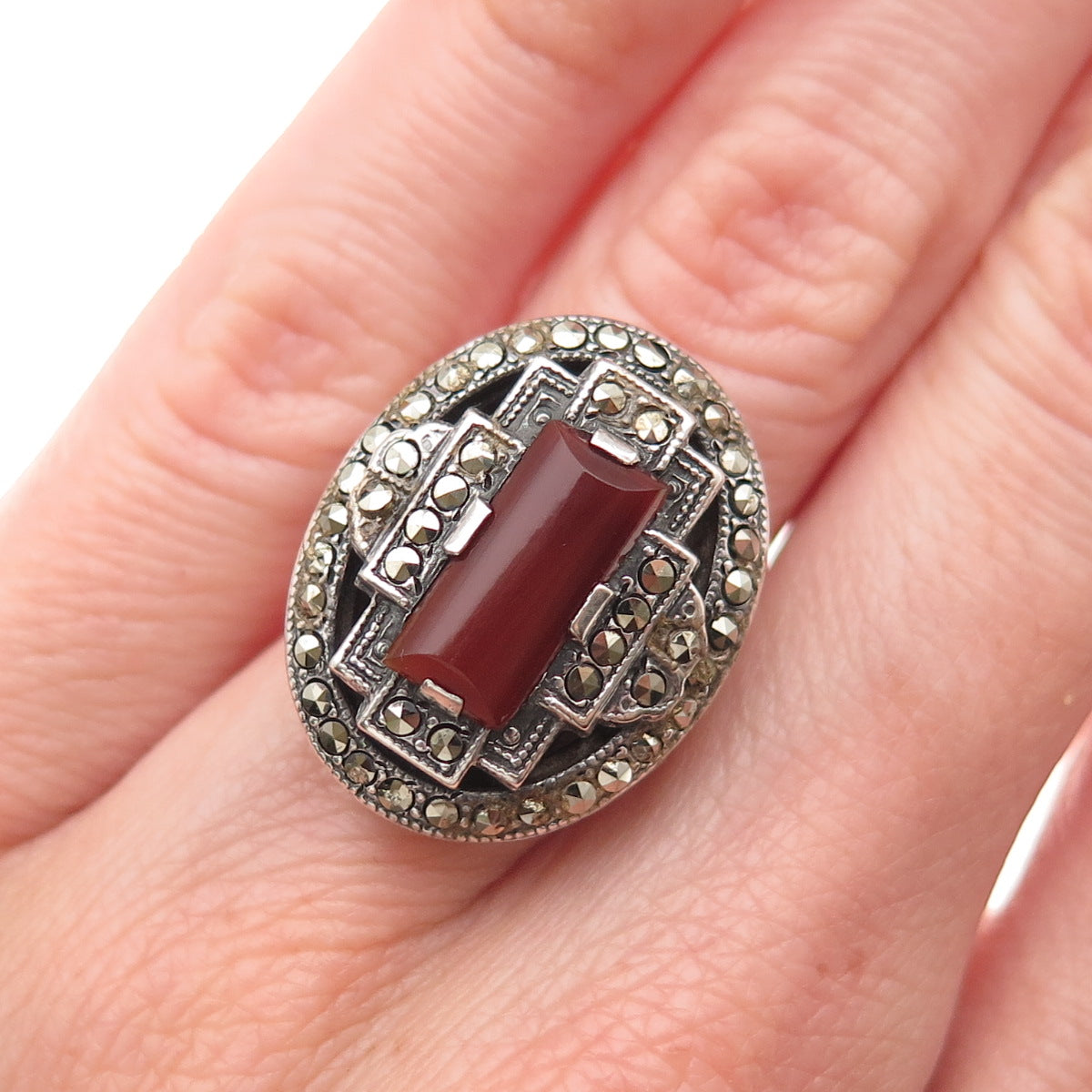925 Sterling Silver Antique Art Deco Real Carnelian & Marcasite Ring Size 5