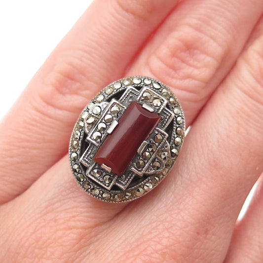 925 Sterling Silver Antique Art Deco Real Carnelian & Marcasite Ring Size 5