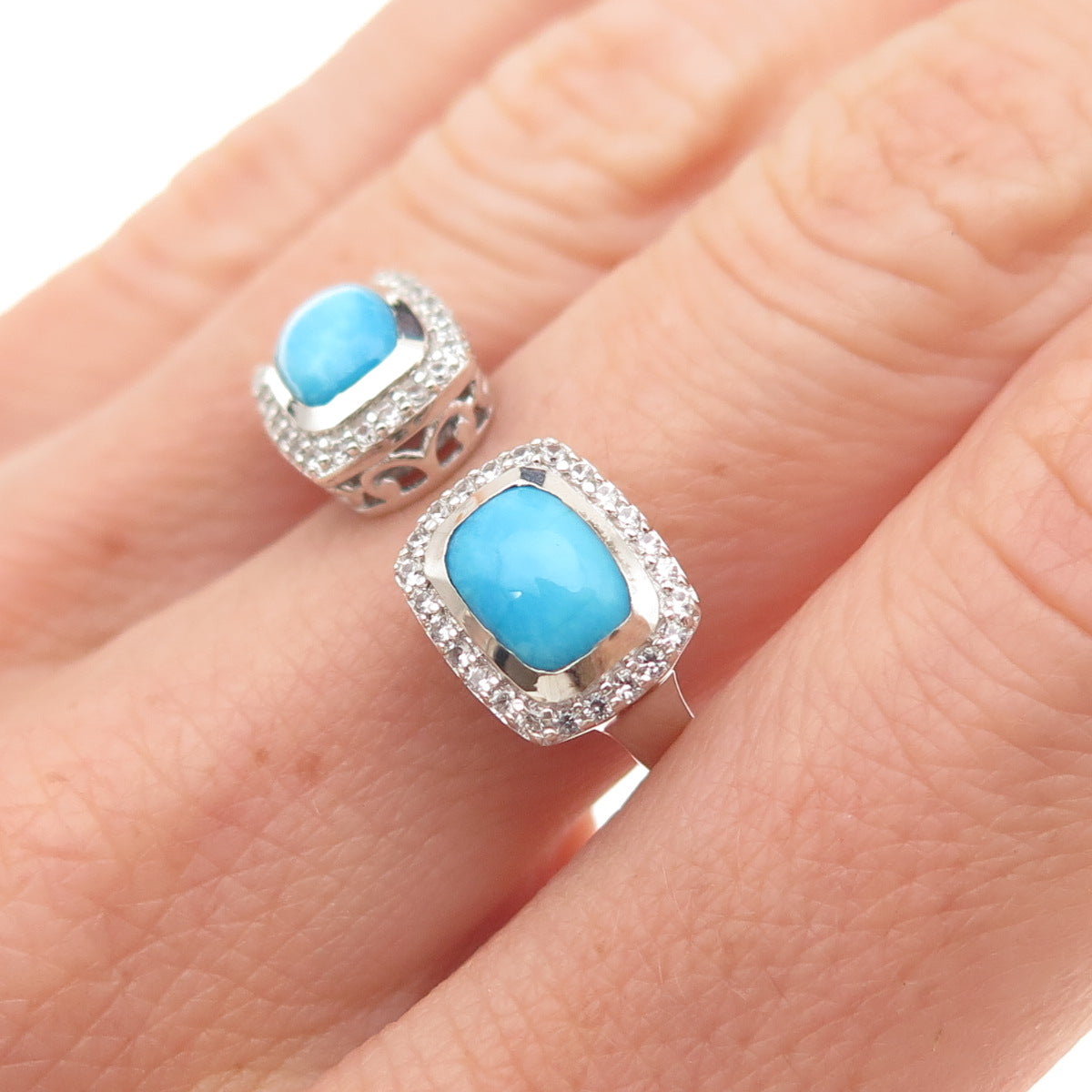 Chuck Clemency 925 Sterling 2-Tone Real Turquoise & Topaz Adjustable Ring Size 8