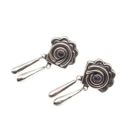 925 Sterling Vintage Mexico Real Amethyst Floral Dangle Screw Back Earrings
