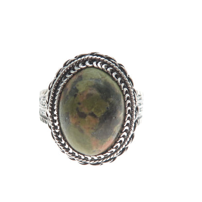 925 Sterling Silver Vintage Real Unakite Oxidized Ring Size 9.75