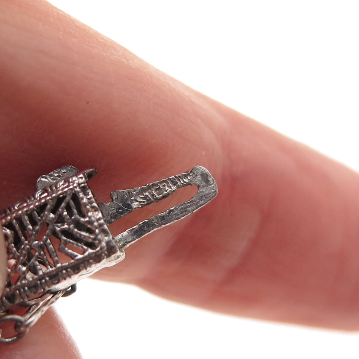 925 Sterling Antique Art Deco Real Diamond & Rhinestone Filigree Bracelet 6.5"