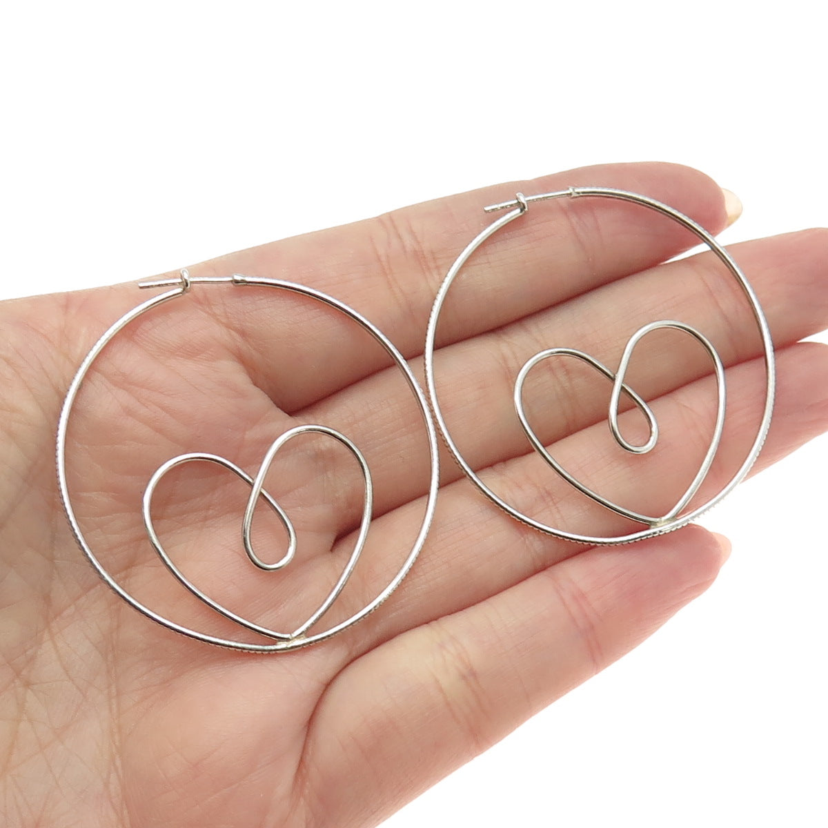 925 Sterling Silver Vintage Open Heart Hinged Hoop Earrings