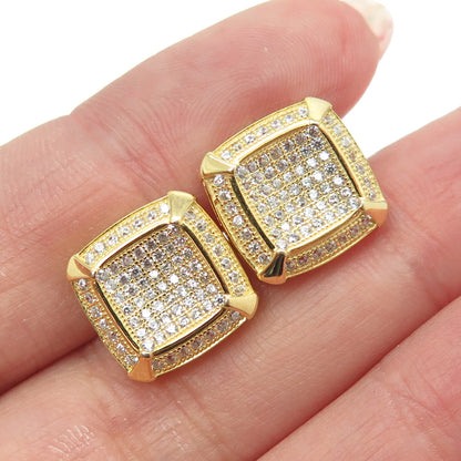 925 Sterling Silver Gold Plated Pave C Z Stud Earrings