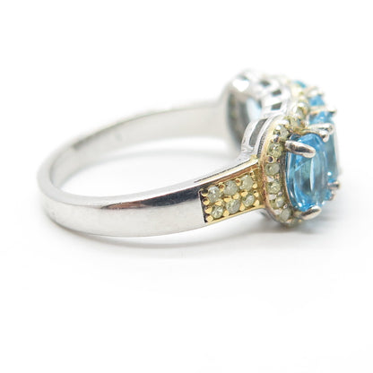 925 Sterling Silver 2-Tone Diamond Blue Topaz Cluster Half Eternity Ring Size 7