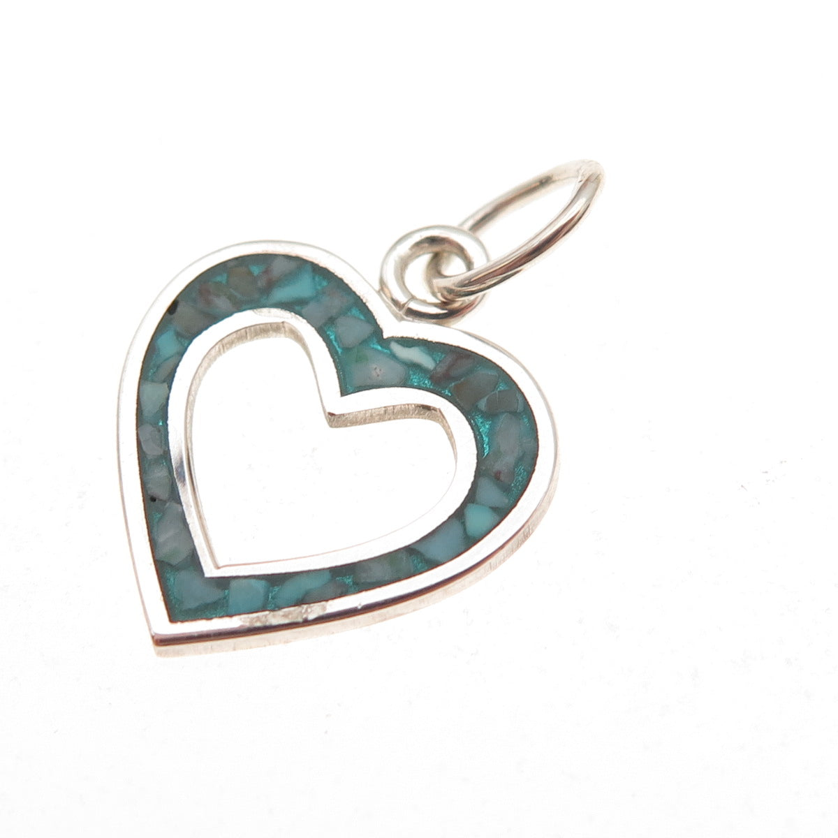 925 Sterling Silver Vintage Real Turquoise Inlay Open Heart Charm Pendant