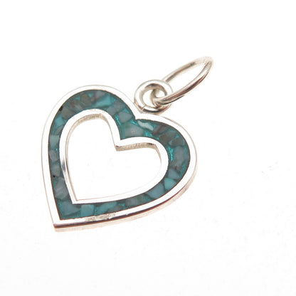 925 Sterling Silver Vintage Real Turquoise Inlay Open Heart Charm Pendant
