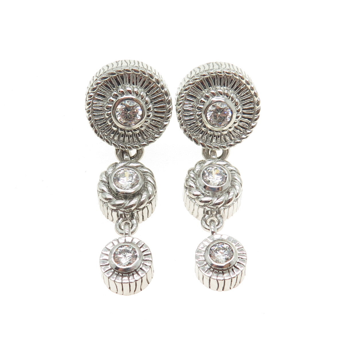 JUDITH RIPKA 925 Sterling Silver Round-Cut C Z Omega Back Dangle Earrings