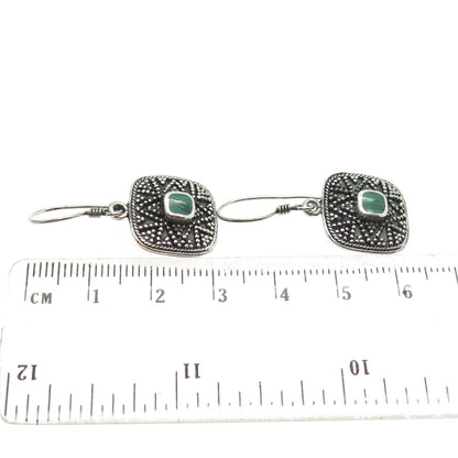 925 Sterling Silver Vintage Real Malachite Granulated Oxidized Dangle Earrings