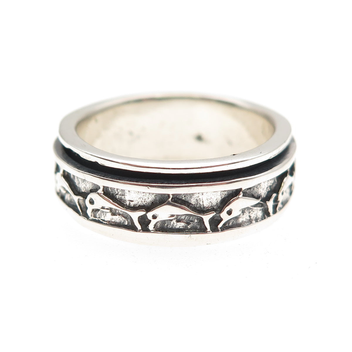 925 Sterling Silver Vintage Dolphin Oxidized Rotating Band Ring Size 9