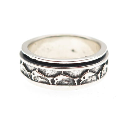 925 Sterling Silver Vintage Dolphin Oxidized Rotating Band Ring Size 9