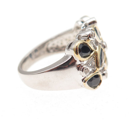 925 Sterling Silver 2-Tone Real Diamond & Sapphire Cluster Ring Size 5.75