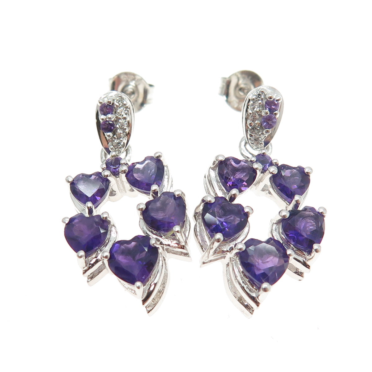 925 Sterling Silver Real White Topaz & Amethyst Gemstone Dangling Earrings