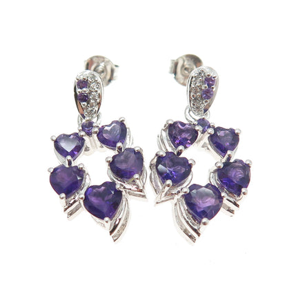 925 Sterling Silver Real White Topaz & Amethyst Gemstone Dangling Earrings