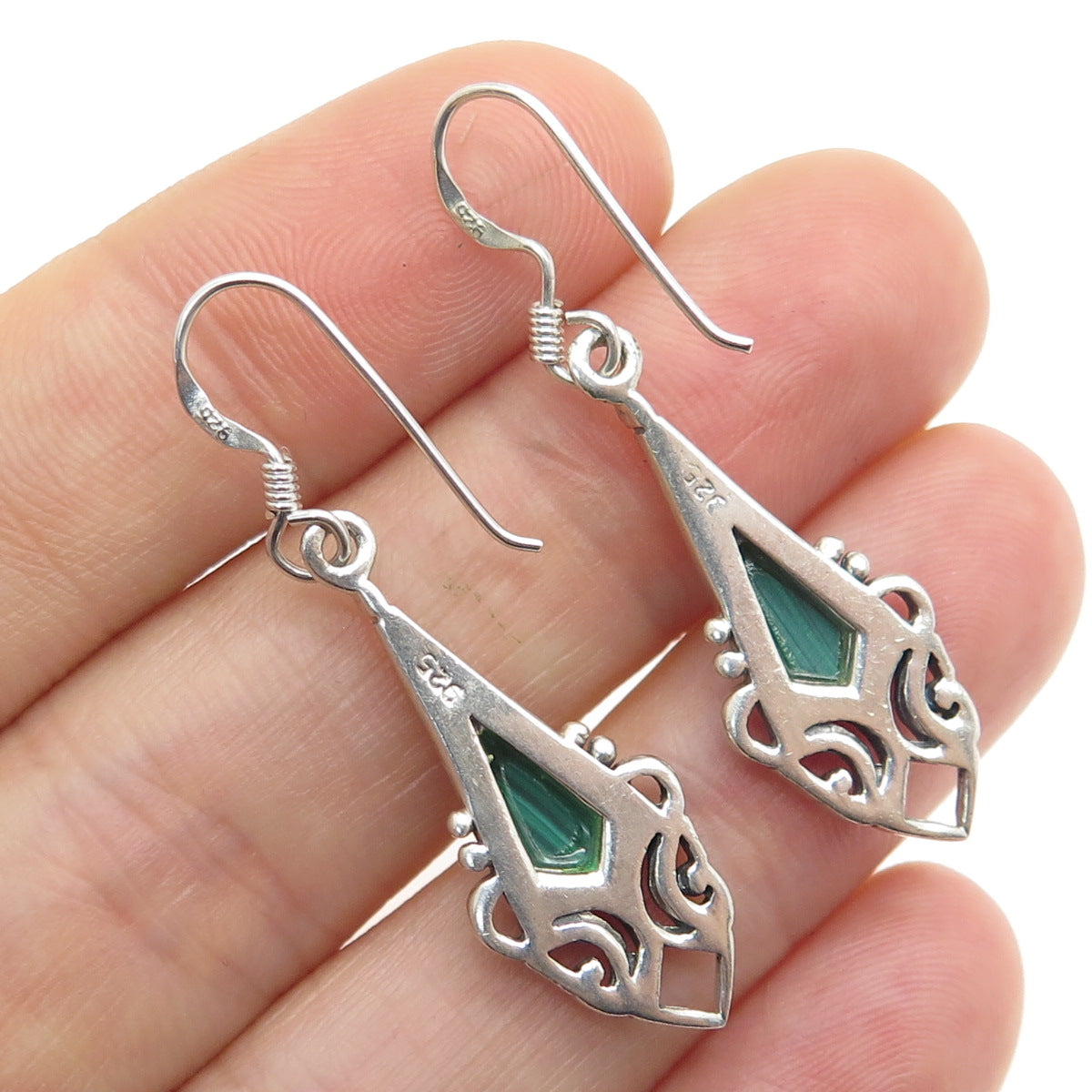 925 Sterling Silver Vintage Real Malachite Gemstone Ethnic Dangle Earrings