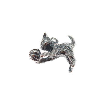 925 Sterling Silver Vintage Playing Cat Oxidized Minimalist 3D Charm Pendant