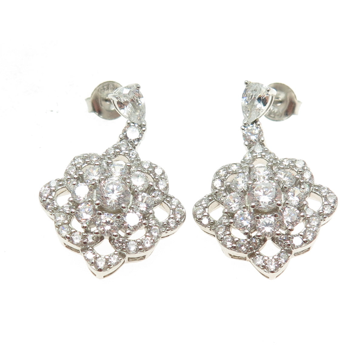 925 Sterling Silver Pear & Round-Cut Shaped C Z Dangle Earrings