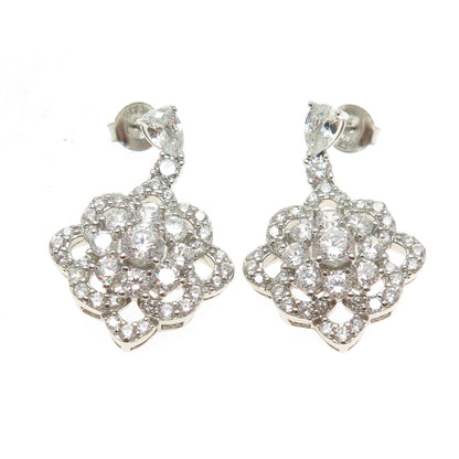 925 Sterling Silver Pear & Round-Cut Shaped C Z Dangle Earrings