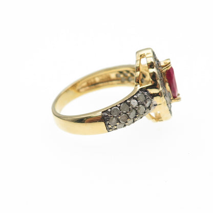 925 Sterling Silver Gold Plated Real Round-Cut Diamond & Ruby Ring Size 7.25