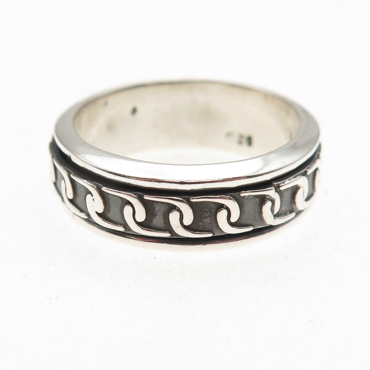 925 Sterling Silver Vintage Chain Link Oxidized Rotating Band Ring Size 11