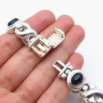 925 Sterling Silver Vintage Italy Real Black Onyx Gem XO Link Bracelet 7.75"