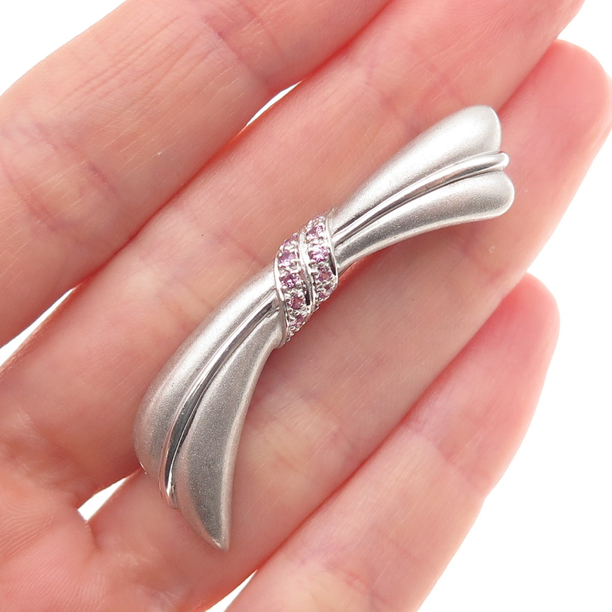 925 Sterling Silver Real Round-Cut Pink Sapphire Modernist Bow Pin Brooch