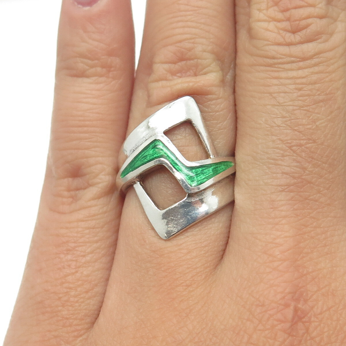 925 Sterling Silver Vintage Italy Green Enamel Adjustable Ring Size 6