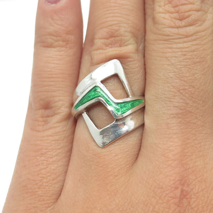925 Sterling Silver Vintage Italy Green Enamel Adjustable Ring Size 6