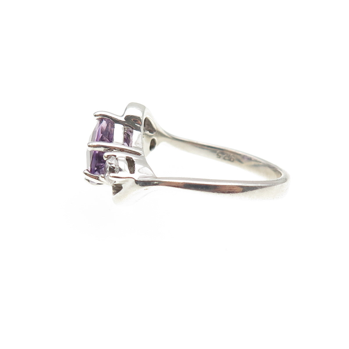 925 Sterling Silver Real Round-Cut Amethyst & C Z Ring Size 5