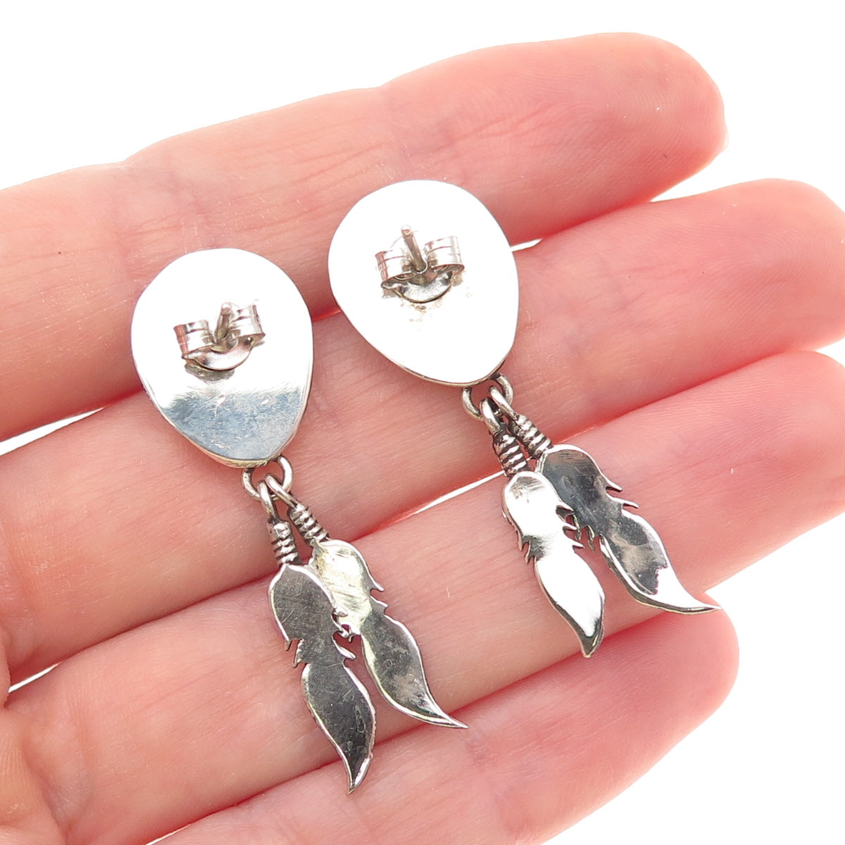 Old Pawn Sterling Silver Vintage Turquoise Snake Eye Bear Paw Feather Earrings