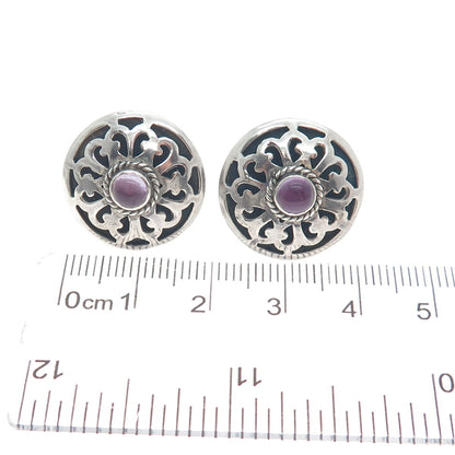 925 Sterling Silver Vintage Real Amethyst Gemstone Floral Ornate Earrings