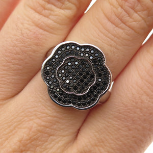 925 Sterling Silver Round-Cut Black C Z Flower Ring Size 7