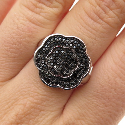 925 Sterling Silver Round-Cut Black C Z Flower Ring Size 7