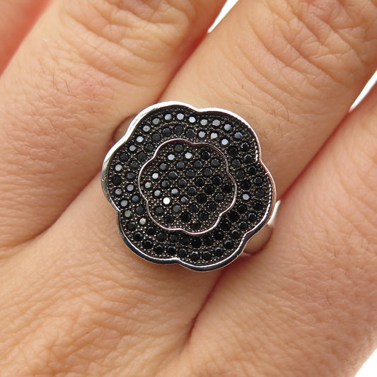 925 Sterling Silver Round-Cut Black C Z Flower Ring Size 7
