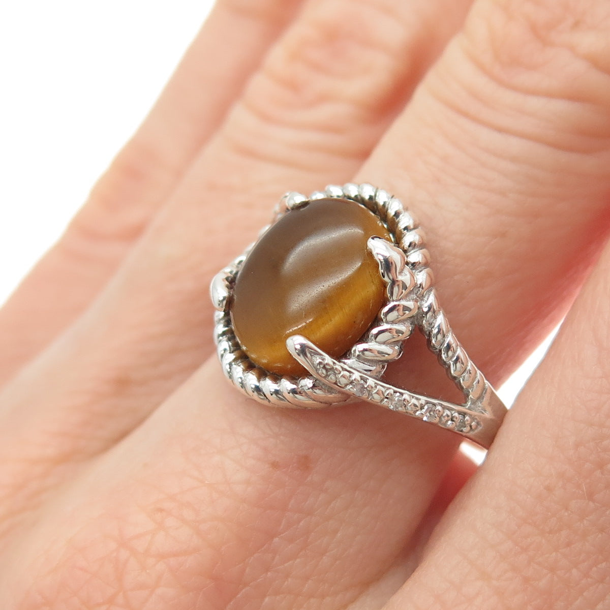 925 Sterling Silver Real Round-Cut Diamond & Cabochon Tiger Eye Ring Size 9