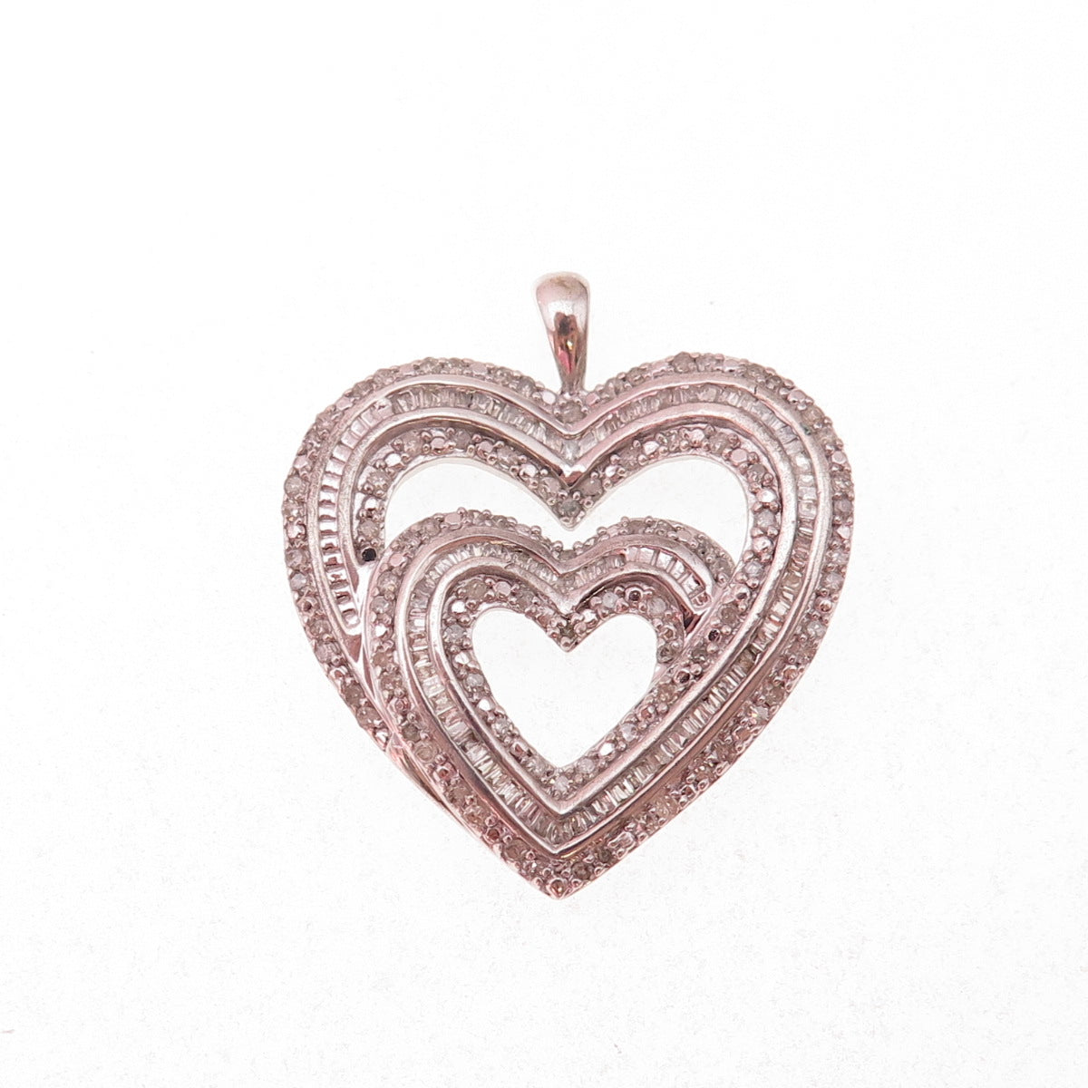 Sun 925 Sterling Silver Real Round & Tapered Baguette-Cut Diamond Heart Pendant