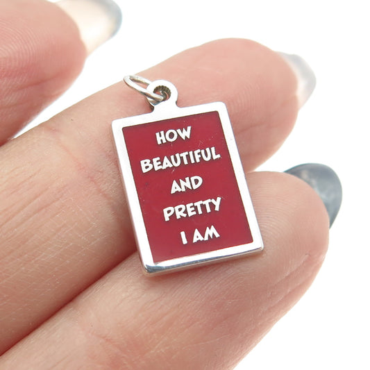 925 Sterling Silver Red Enamel "How Beautiful & Pretty I Am" Minimalist Pendant