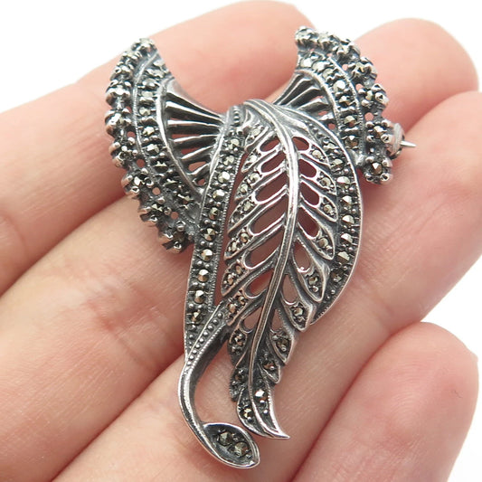 925 Sterling Silver Vintage Real Marcasite Gem Bow Pin Brooch
