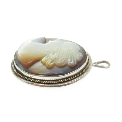 800 Silver 2-Tone Antique Art Deco Real Carved Abalone Shell Lady Cameo Pendant