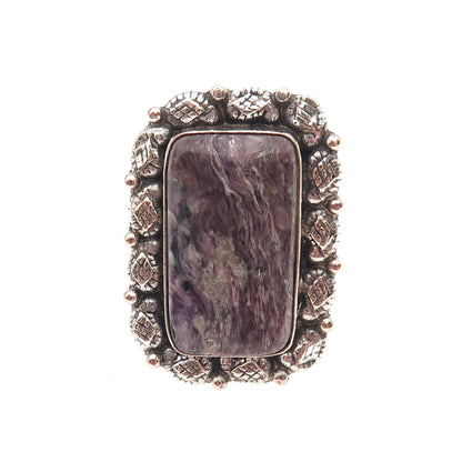 925 Sterling Silver Vintage Real Sugilite Modernist Oxidized Ring Size 8.75