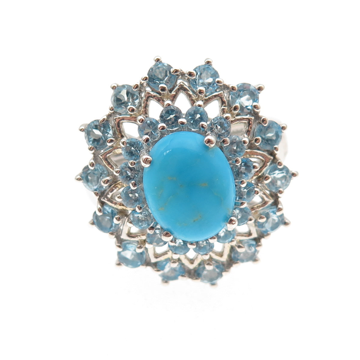 925 Sterling Silver Real Turquoise & Blue Topaz Ring Size 8.25
